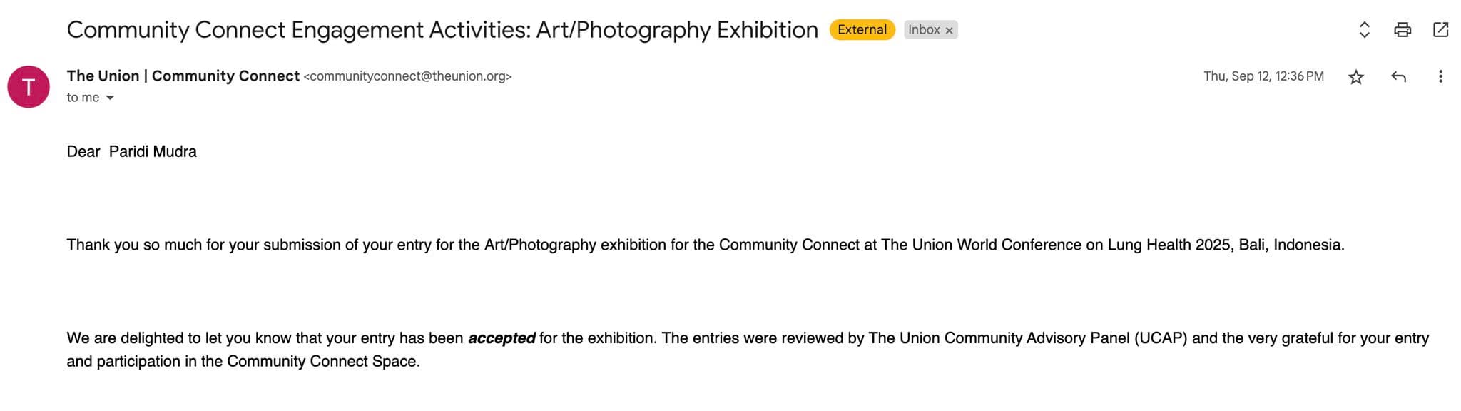 Union World Conference acceptance email
