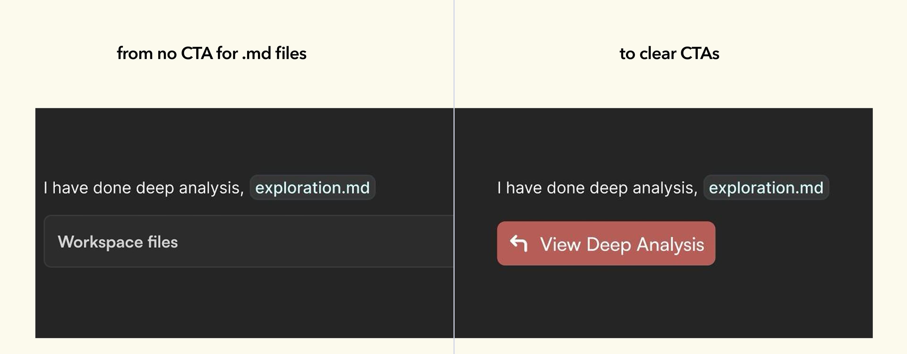 Before and after surfacing .md files with clear CTAs in Noteweave