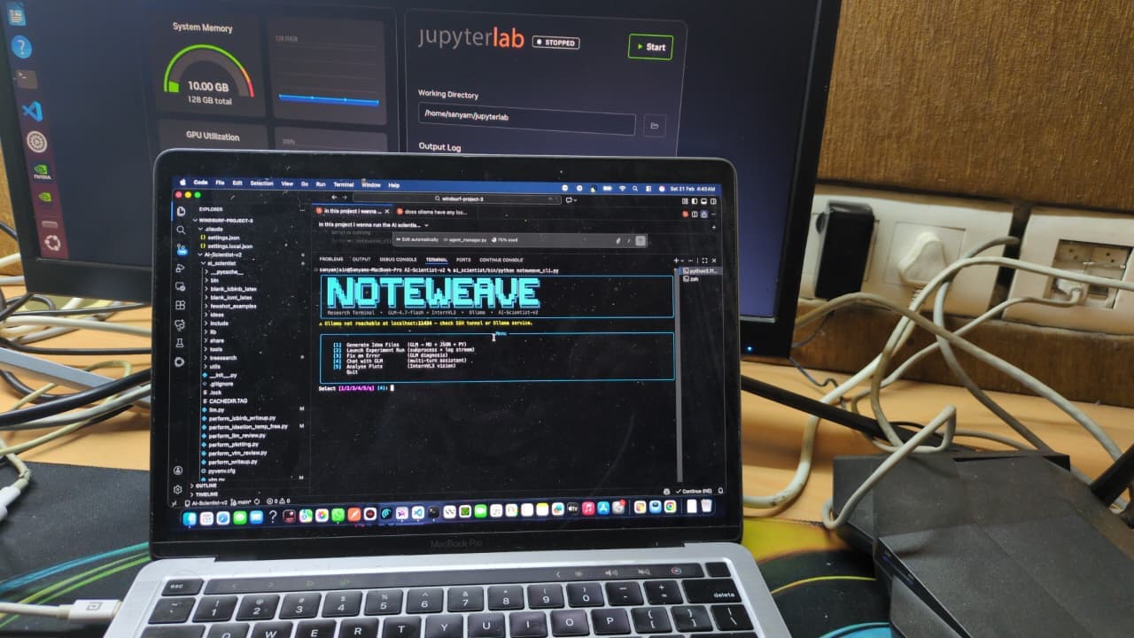 Noteweave development setup with research terminal on laptop