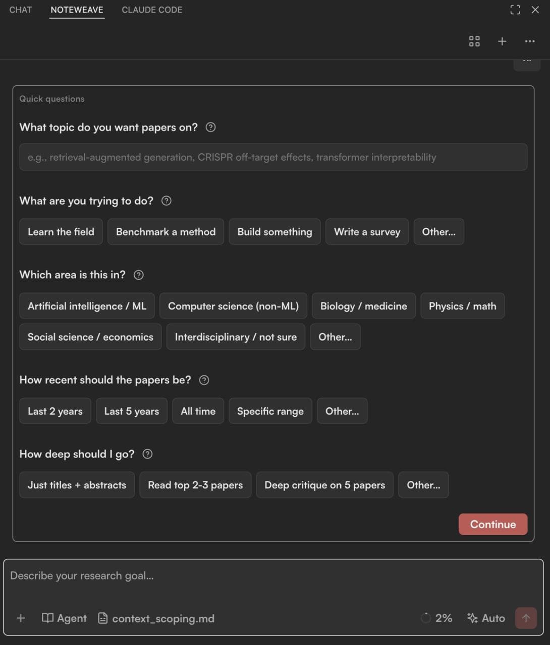Noteweave context scoping form with quick questions