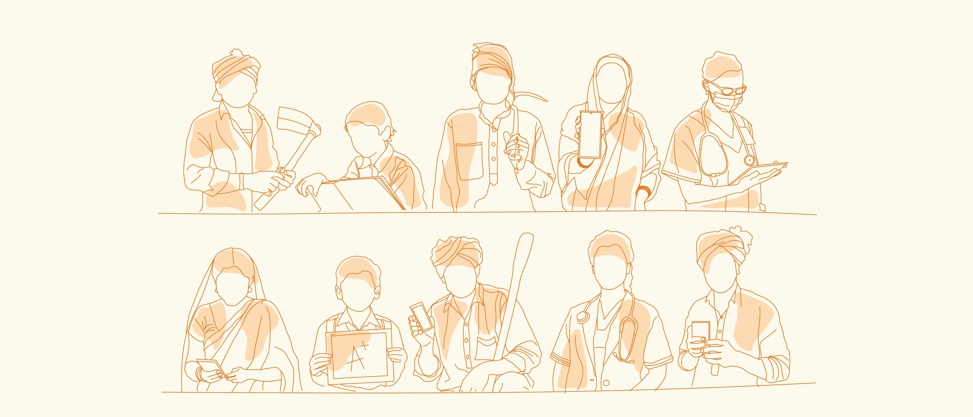 Wadhwani AI line-art illustration of people across health, education, and agriculture